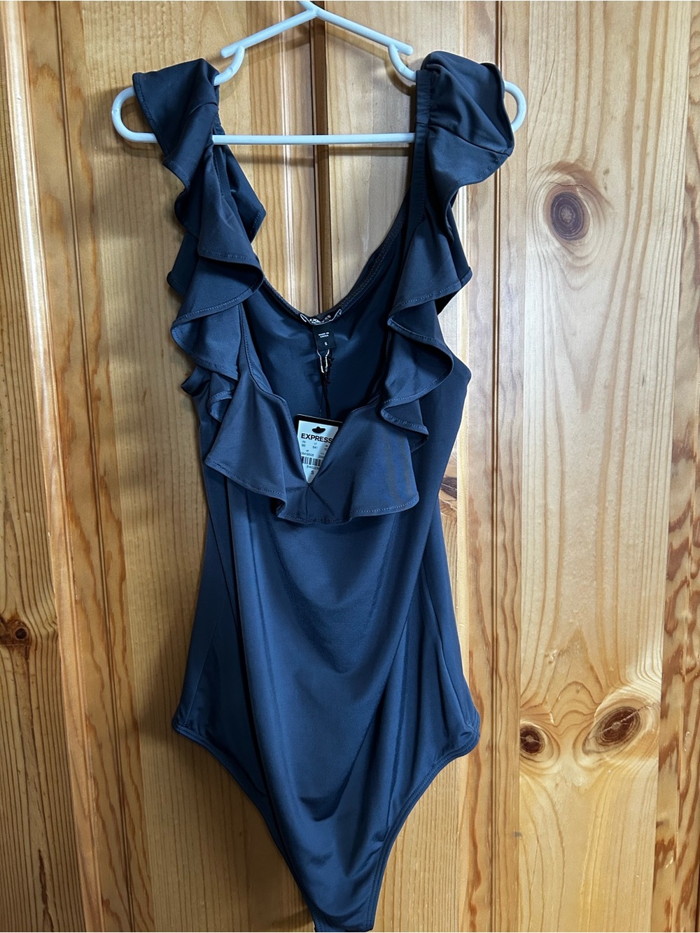 Express Navy Ruffle V-Neck One-Piece Bodysuit